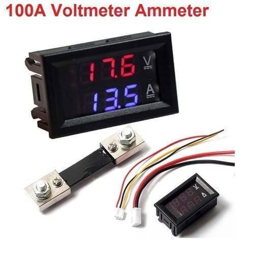 100A Digital Display Voltmeter Ammeter Zfx VC288 Dual LED Voltage Current Tester Monitor Panel Gauge With Shunt - black shunt resistor with two metal terminals, and two wire harnesses with white connectors.