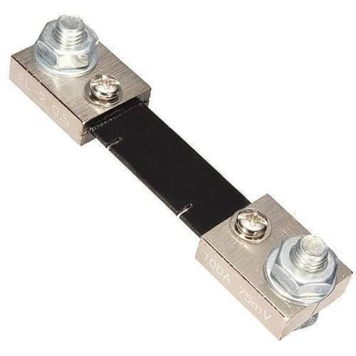 100A Digital Display Voltmeter Ammeter Zfx VC288 Dual LED Voltage Current Tester Monitor Panel Gauge With Shunt - a black rectangular metal strip with silver-coloured terminal blocks at each end featuring threaded studs and small screws.