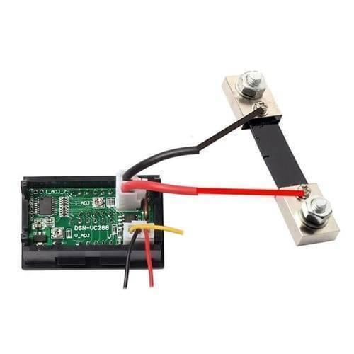 100A Digital Display Voltmeter Ammeter Zfx VC288 Dual LED Voltage Current Tester Monitor Panel Gauge With Shunt - the black rectangular display module connected by red and black wires to a metal current shunt.