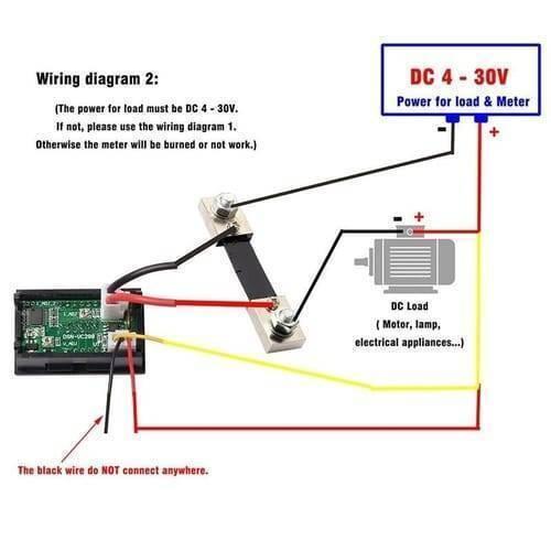 100A Digital Display Voltmeter Ammeter Zfx VC288 Dual LED Voltage Current Tester Monitor Panel Gauge With Shunt - a wiring diagram for connecting the meter, a shunt, a DC load, and a power source.