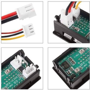 100A Digital Display Voltmeter Ammeter Zfx VC288 Dual LED Voltage Current Tester Monitor Panel Gauge With Shunt - close-up views of the green circuit board, white connectors, and attached wiring harnesses.