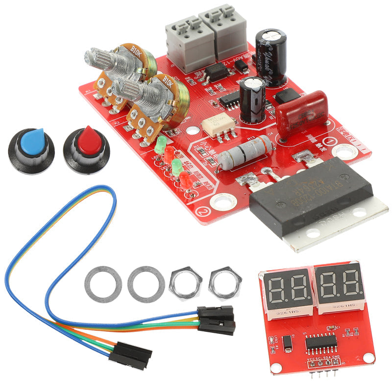 100A Spot Welding Machine Time Current Controller Control Panel Board Module - the red circuit board, two B10K knobs, display panel, and connecting cables.