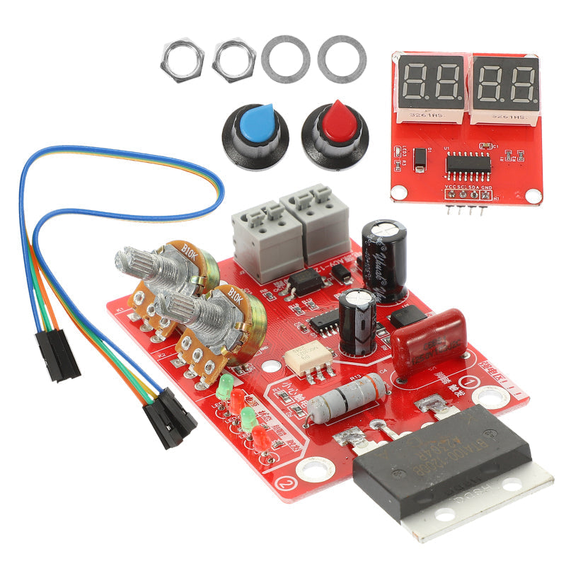 100A Spot Welding Machine Time Current Controller Control Panel Board Module - a red circuit board with two B10K potentiometers, a digital display module, knobs, and nuts.