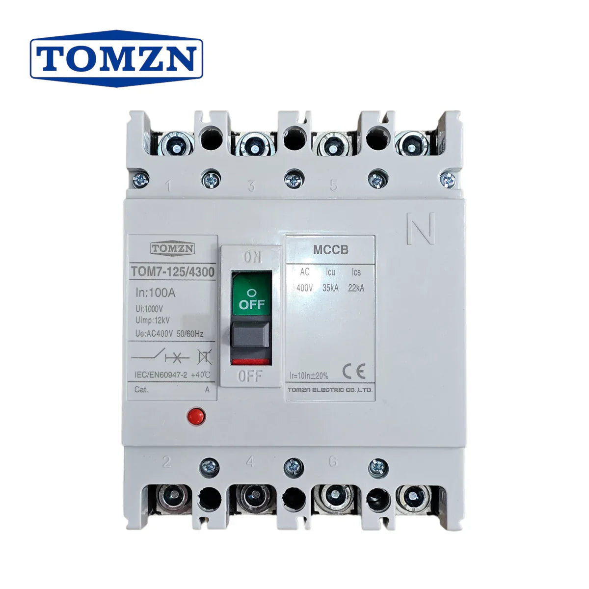100A Tomzn TOM7-125/4300 Mccb 100A 4 Pole Circuit Breaker - a grey rectangular device with a central green ON/OFF toggle switch and a red test button.
