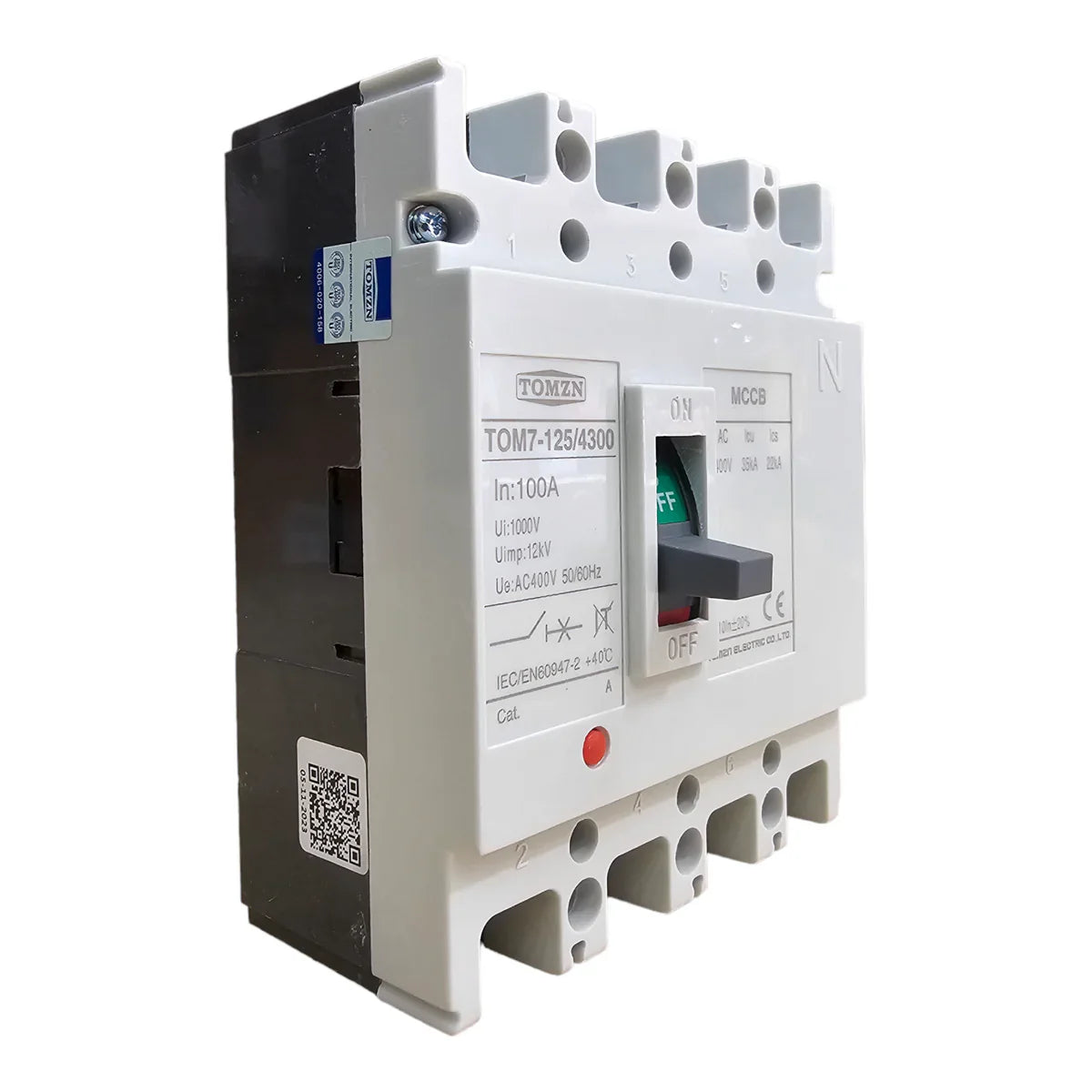 100A Tomzn TOM7-125/4300 Mccb 100A 4 Pole Circuit Breaker - a white and black rectangular electrical device with a central toggle switch and terminal ports.