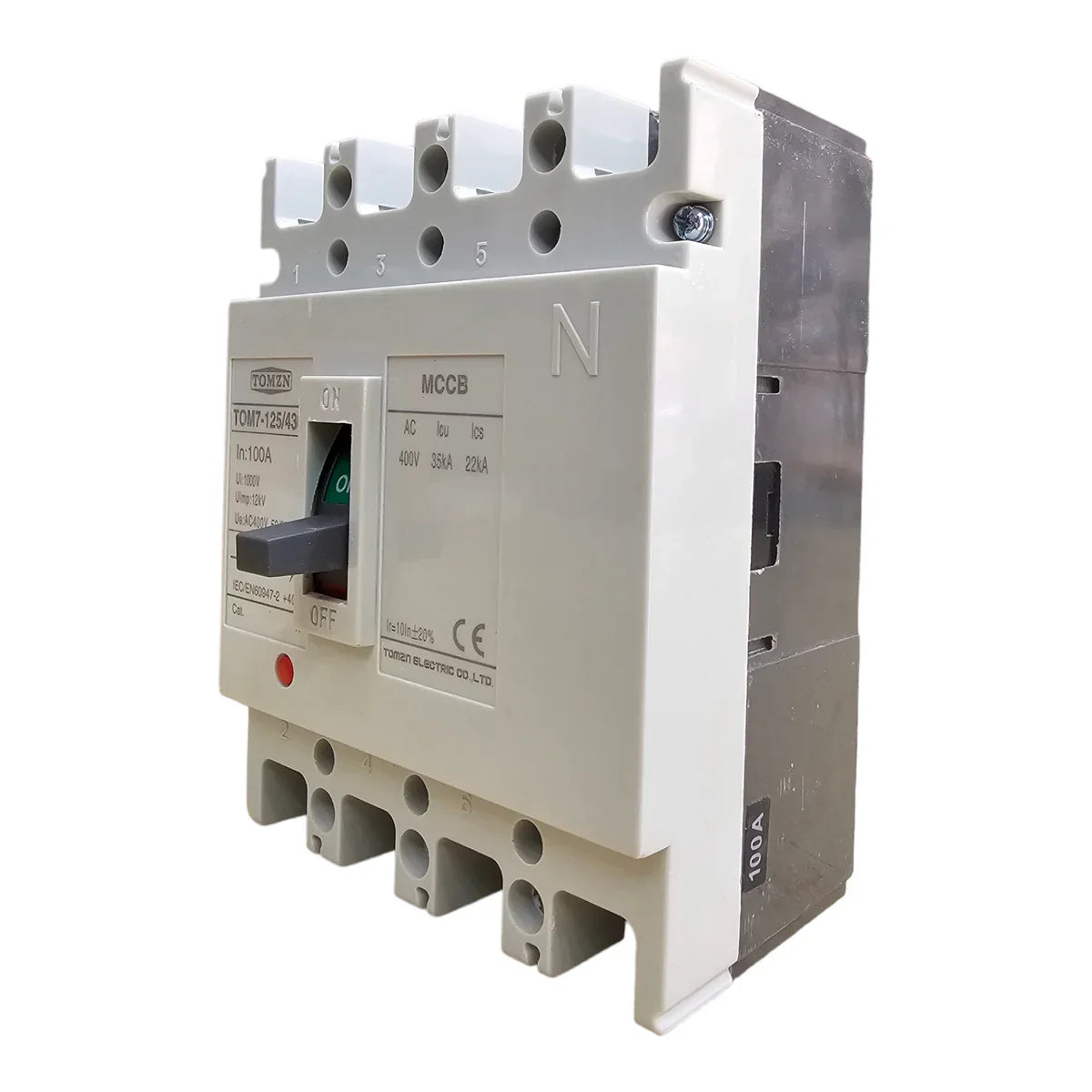 100A Tomzn TOM7-125/4300 Mccb 100A 4 Pole Circuit Breaker - a white rectangular electrical device with a central black toggle switch and terminal ports.