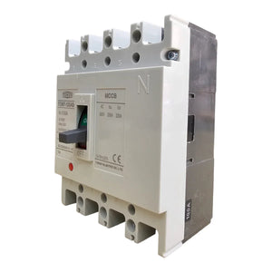 100A Tomzn TOM7-125/4300 Mccb 100A 4 Pole Circuit Breaker - a white rectangular electrical device with a central black toggle switch and terminal ports.
