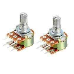 100k Dual Stereo Volume Type Variable Resistor Potentiometer - two identical silver-toned rotary components with knurled shafts and six pins.