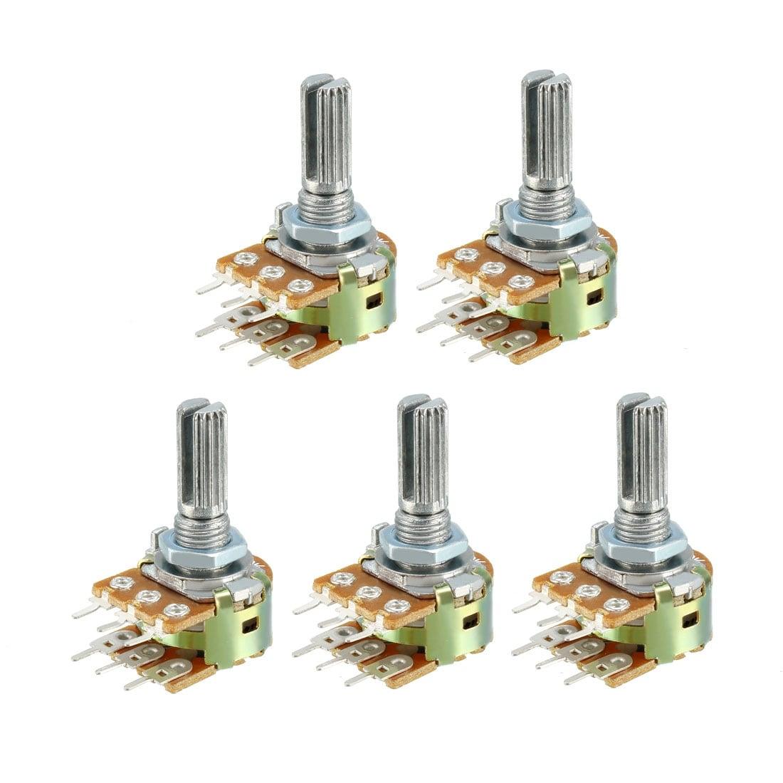 100k Dual Stereo Volume Type Variable Resistor Potentiometer - five silver and green rotary potentiometers with knurled shafts arranged on a white background.