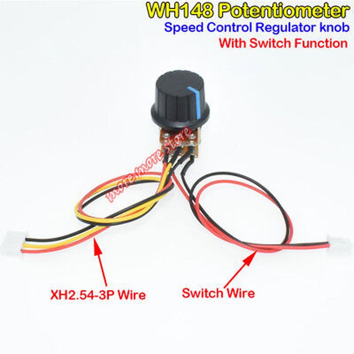 100k Ohm Linear Taper Rotary Potentiometer With Wire Portable - WH148 Potentiometer with Switch Function shows a black rotary knob attached to a circuit board with a 3-pin XH2.54 connector and a 2-pin switch wire.