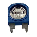 100k RM065 Variable Resistor - a close-up of a blue square-shaped potentiometer with a metallic adjustment dial marked with the number 104 and two pins.