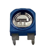 100k RM065 Variable Resistor - a close-up of a blue square-shaped potentiometer with a metallic adjustment dial marked with the number 104 and two pins.