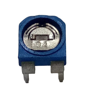 100k RM065 Variable Resistor - a close-up of a blue square-shaped potentiometer with a metallic adjustment dial marked with the number 104 and two pins.