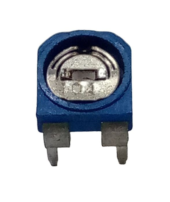 100k RM065 Variable Resistor - a close-up of a blue square-shaped potentiometer with a metallic adjustment dial marked with the number 104 and two pins.