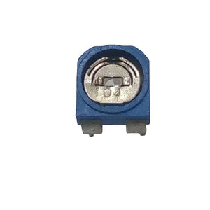 100k RM065 Variable Resistor - a close-up view of a blue rectangular electronic component with a central metal adjustment dial marked with the number 104.
