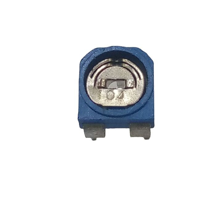 100k RM065 Variable Resistor - a close-up view of a blue rectangular electronic component with a central metal adjustment dial marked with the number 104.