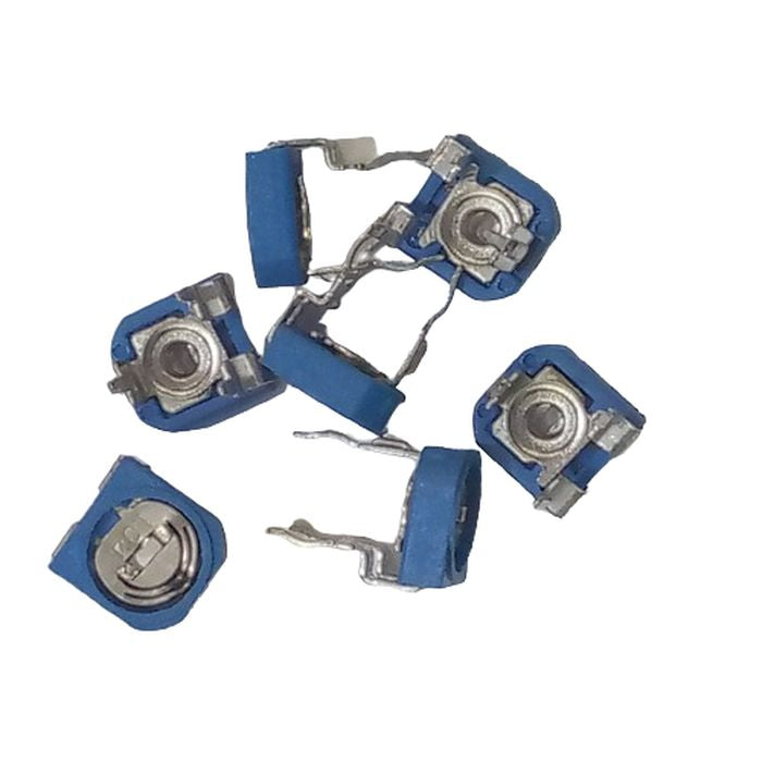 100k RM065 Variable Resistor - a top-down view of five small blue rectangular potentiometers with adjustable metal screw heads and metal pins.