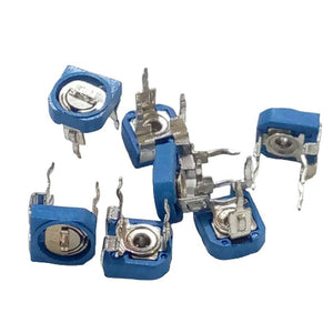 100k RM065 Variable Resistor - shown as a group of small blue square-shaped potentiometers with metal adjustment screws and three protruding pins.