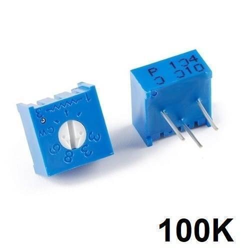100k Variable Resistor 3386 Single Turn Trimmer Potentiometer - shown as two blue square components with three metal pins and a white adjustment screw.