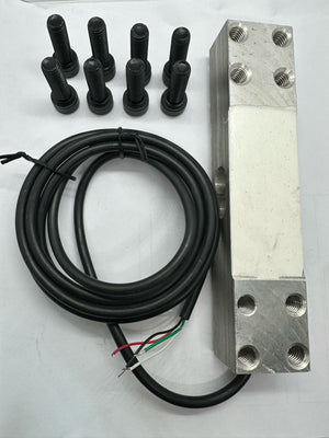 100kg Capacity Load Cell - shown with a black cable and eight black mounting bolts arranged on a white surface.