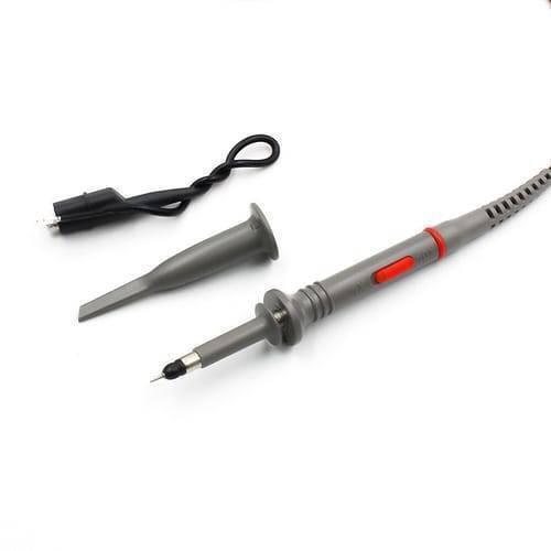 100MHz Oscilloscope Scope Clip Probes P6100 - shown as a grey probe with a red button, a detachable hook tip, and a black ground clip lead.