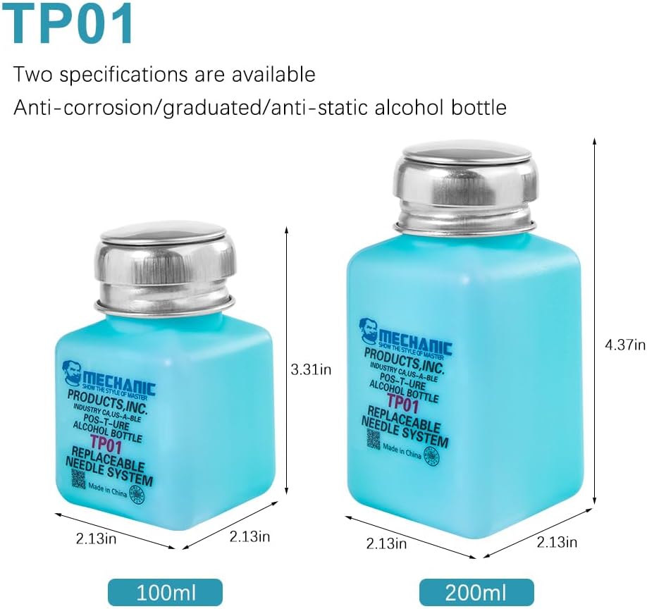 100ML Metal Cap Plastic Empty Pot Container Dispenser Bottle - shown in a dimension diagram comparing the 100ml and 200ml cyan square bottles with metal caps.
