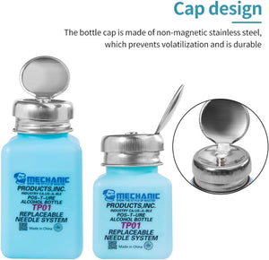 100ML Metal Cap Plastic Empty Pot Container Dispenser Bottle - shown as two light blue square bottles with stainless steel flip-top caps and a close-up.