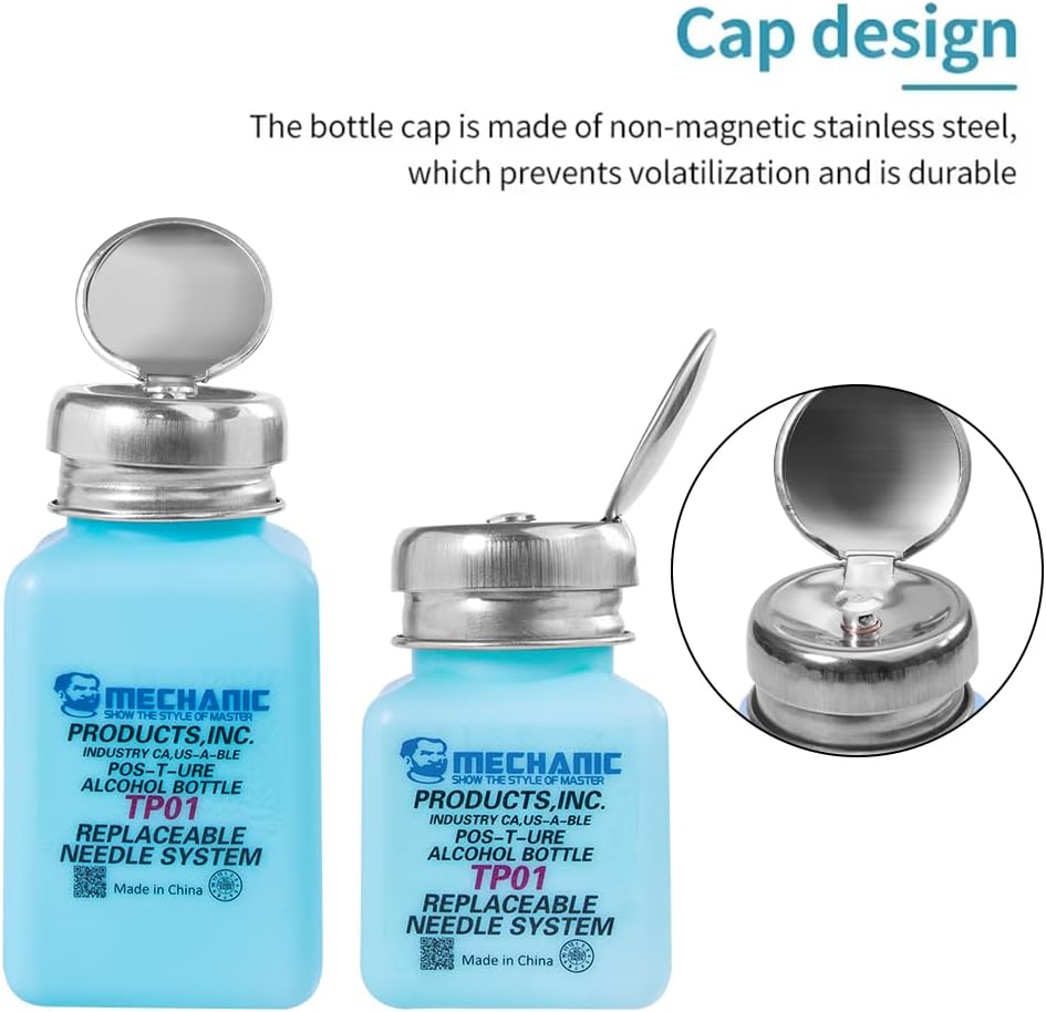 100ML Metal Cap Plastic Empty Pot Container Dispenser Bottle - shown as two light blue square bottles with stainless steel flip-top caps and a close-up.