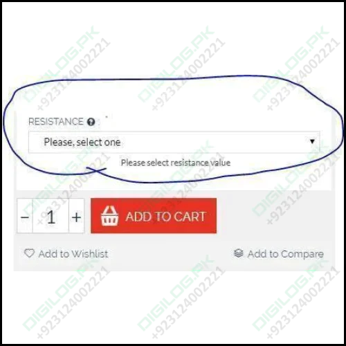 5 Watt 5% Resistor - a dropdown menu labeled Resistance with a prompt to select a value above an Add to Cart button.