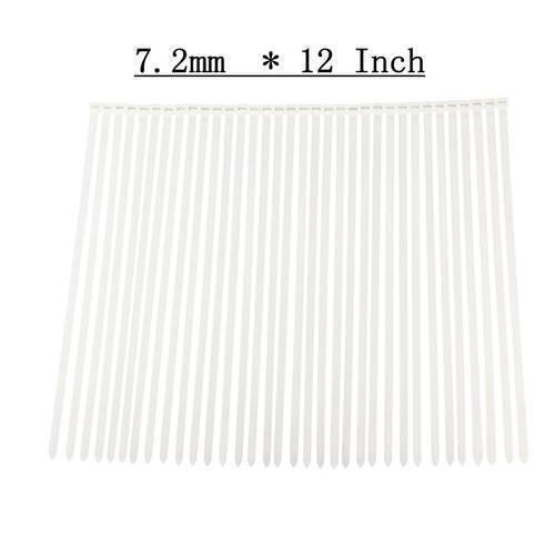 100pcs 12 Inch Nylon Wire Organizer Zip Clip Cable Tie - a flat, top-down view of white cable ties with text reading 7.2mm * 12 Inch above them.