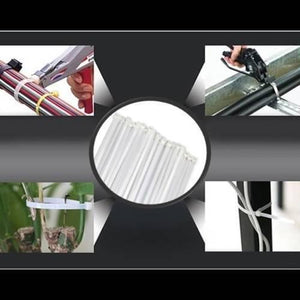 100pcs 12 Inch Nylon Wire Organizer Zip Clip Cable Tie - shown in a collage of usage examples and a central close-up of the white plastic ties.