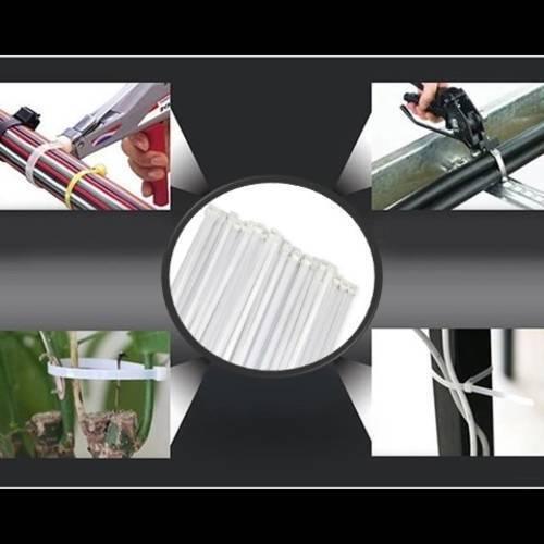 100pcs 12 Inch Nylon Wire Organizer Zip Clip Cable Tie - shown in a collage of usage examples and a central close-up of the white plastic ties.