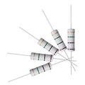 100pcs 1M Ohm 1W 1 Watt 1 Mega Ohm Resistor - five white cylindrical resistors with wire leads, each featuring four color bands in gold, green, black, and brown.