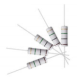 100pcs 1M Ohm 1W 1 Watt 1 Mega Ohm Resistor - five white cylindrical resistors with wire leads, each featuring four color bands in gold, green, black, and brown.
