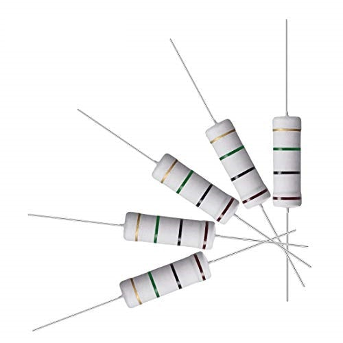 100pcs 1M Ohm 1W 1 Watt 1 Mega Ohm Resistor - five white cylindrical resistors with wire leads, each featuring four color bands in gold, green, black, and brown.