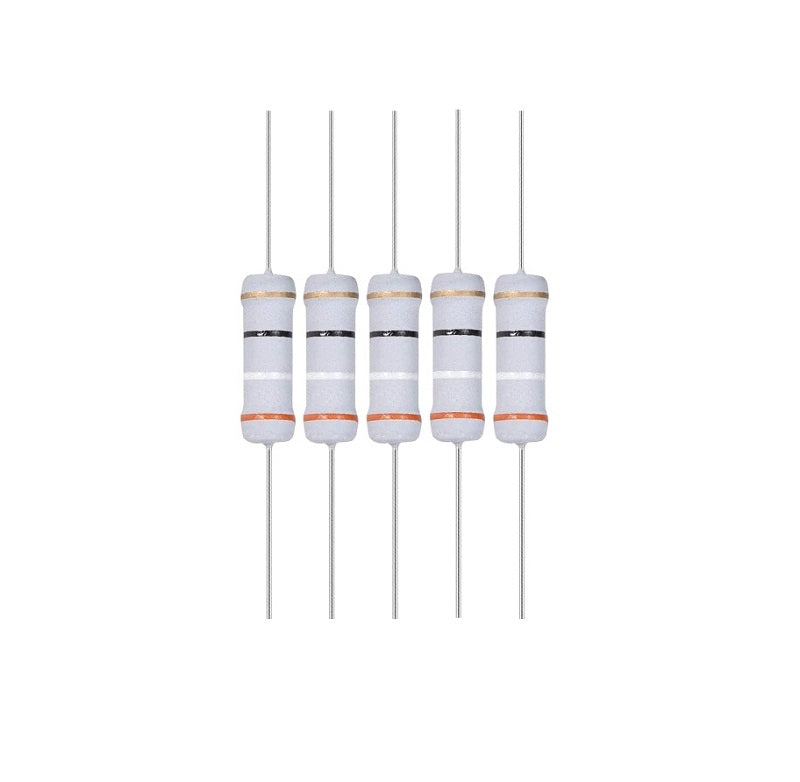 100pcs 2.2M Ohm 1W 1 Watt 2.2 Mega Ohm Resistor - five grey cylindrical through-hole resistors with four coloured bands arranged vertically in a row.