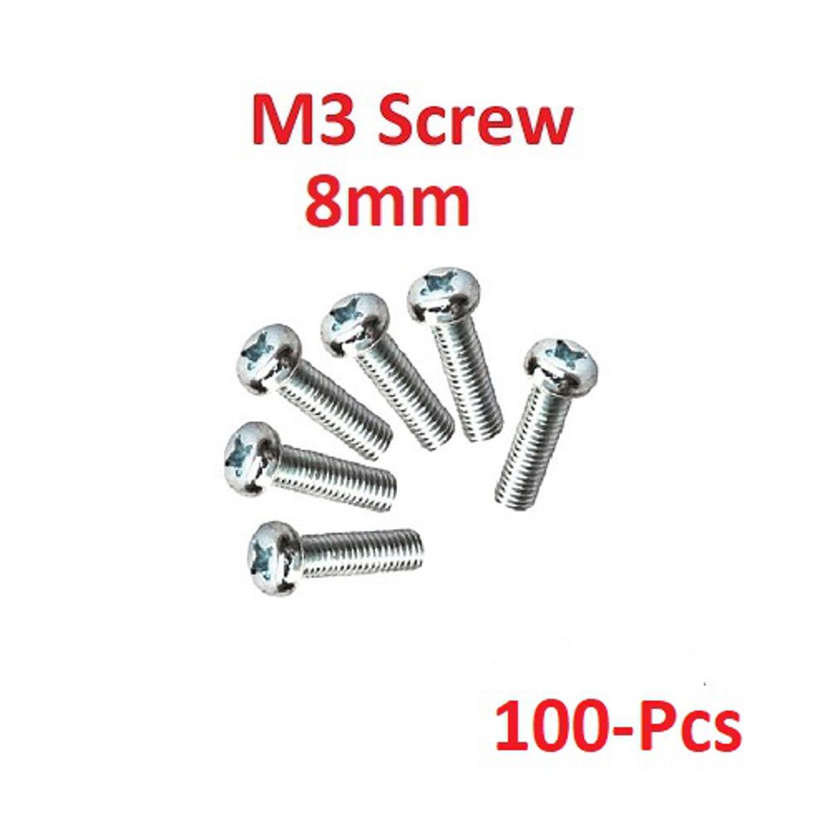 100pcs M3 Screw 8mm - a group of six silver-colored metal machine screws with pan heads and Phillips drive slots arranged on a white background.