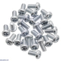 100pcs M3 Screws 6mm - a pile of silver-coloured metal machine screws with pan heads and Phillips drive slots arranged on a white background.