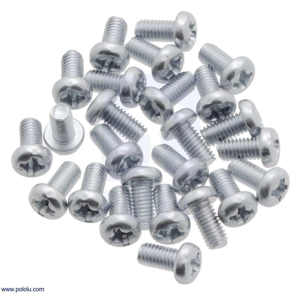 100pcs M3 Screws 6mm - a pile of silver-coloured metal machine screws with pan heads and Phillips drive slots arranged on a white background.