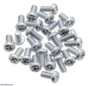 100pcs M3 Screws 6mm - a pile of silver-coloured metal machine screws with pan heads and Phillips drive slots arranged on a white background.