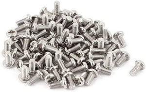 100pcs M3 Screws 6mm - a large pile of silver-coloured metal machine screws with round heads and cross-recessed drives scattered on a white background.