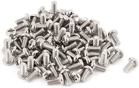 100pcs M3 Screws 6mm - a large pile of silver-coloured metal machine screws with round heads and cross-recessed drives scattered on a white background.