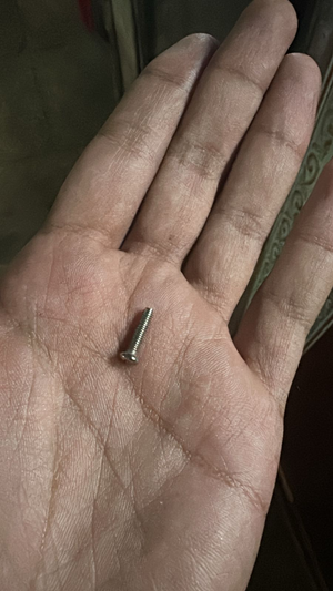 100pcs Pack 12mm M3 Screw - a close-up shot of a single silver-colored metal machine screw resting in the palm of a hand.
