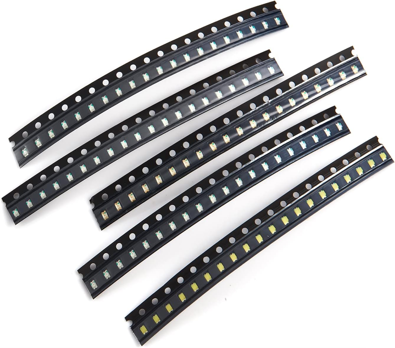 100pcs SMD 0805 LED SMT LED Light Diode - shown as five strips of small, rectangular surface-mount LED components arranged in black carrier tape.