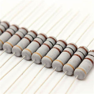 100R 2W 5% Resistance Metal Axial Oxide - shown in a close-up, angled row of grey cylindrical components with brown and black color bands.