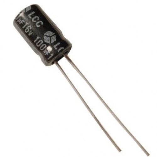100uF 16V Electrolytic Smoothing Capacitor - a black cylindrical electronic component with two long metal wire leads extending from one end.