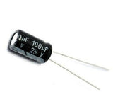 100uF 25V Electrolytic Polar Capacitor - a black cylindrical electronic component with two metal leads and white text indicating its capacity and voltage.