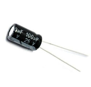 100uF 25V Electrolytic Polar Capacitor - a black cylindrical electronic component with two metal leads and white text indicating its capacity and voltage.