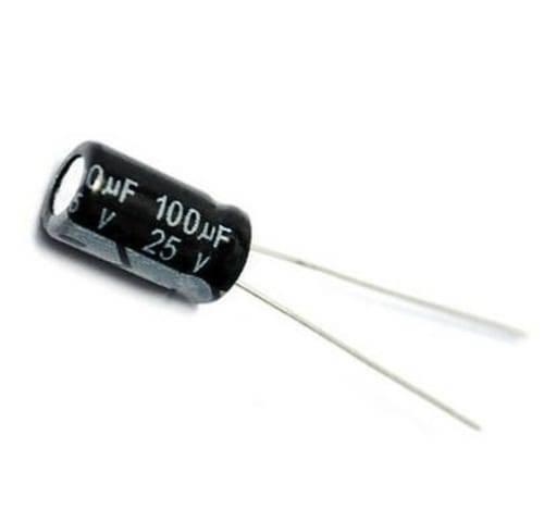 100uF 25V Electrolytic Polar Capacitor - a black cylindrical electronic component with two metal leads and white text indicating its capacity and voltage.