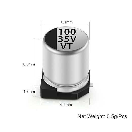 100uF 35V Vt SMD Capacitor | High-quality Surface Mount Capacitor | Digilog.pk - a silver cylindrical surface-mount component with a black base and technical dimension labels printed on the image.